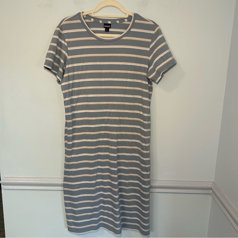 Patagonia Regenerative Organic Certified Cotton Blue Stripe T-Shirt Dress Size M